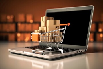 Product package boxes in cart with a shopping bag and laptop computer, Generative AI