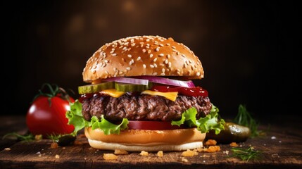 beef burger on black background