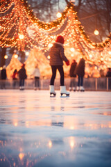 ice skating under twinkling lights and holiday decorations. Created with generative AI technology. Selective focus. - obrazy, fototapety, plakaty