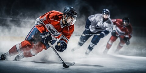 players engaged in an intense game of ice hockey. Created with generative AI technology.