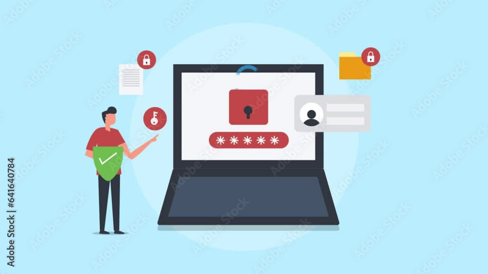 Wall mural man with shield standing near laptop secure login access with passcode, online document safety, data