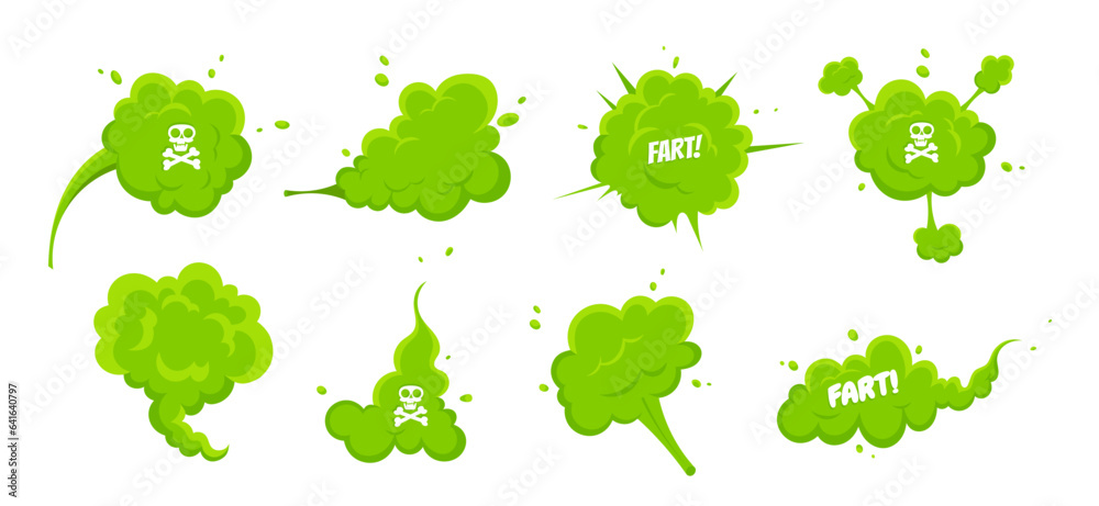 Wall mural Smelling green cartoon smoke or fart clouds flat style design vector illustration set. Bad stink or toxic aroma cartoon smoke cloud isolated on white background.