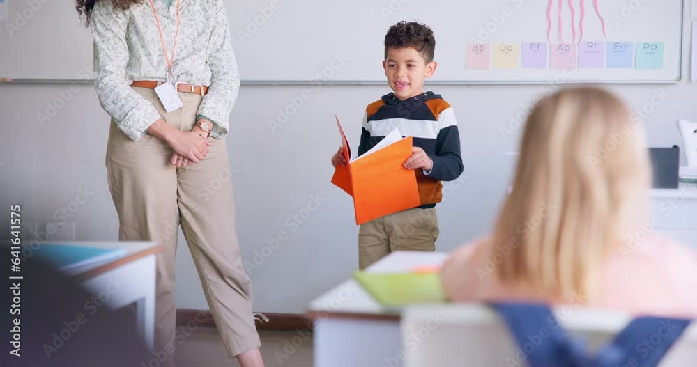 Poster child, student and reading a book in class for learning, development and communication. boy kid and 