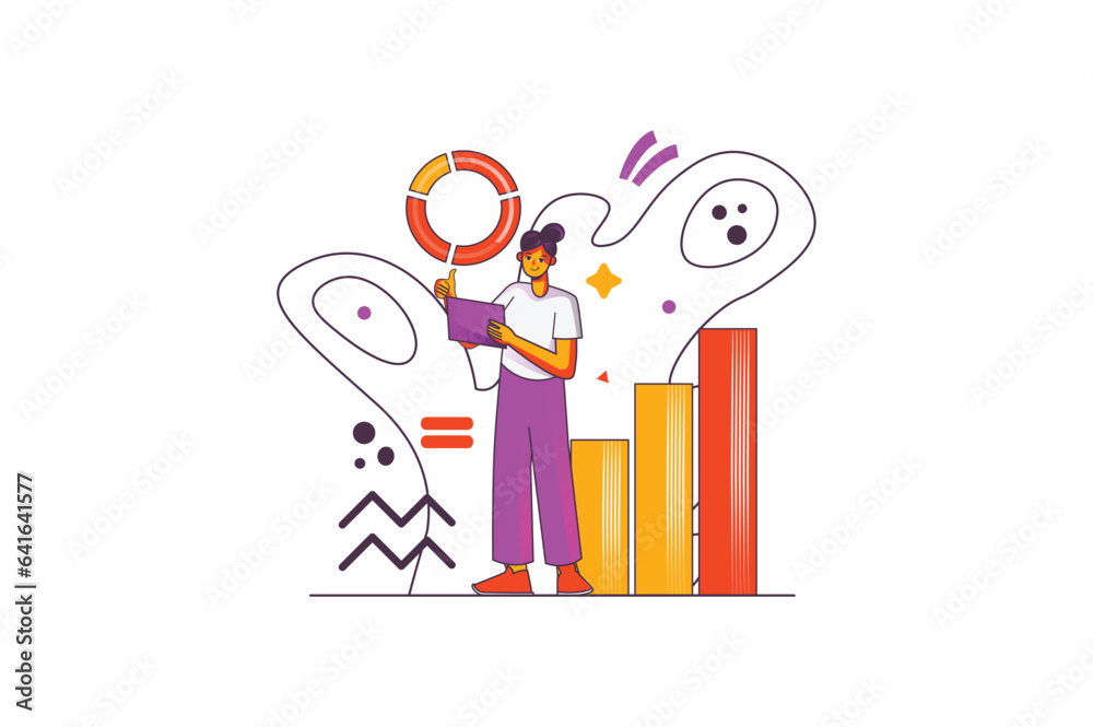 Aufkleber Statistical analysis concept with people scene in the flat cartoon design. The specialist collects, cleans, transforms and visualizes data into diagrams and diagrams. Vector illustration.
