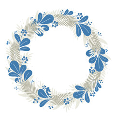 Fototapeta na wymiar Round frame wreath of fir branches and blue leaves for Christmas. Christmas decorations for postcards. Design for invitations and cards. Flat style. Vector illustration.