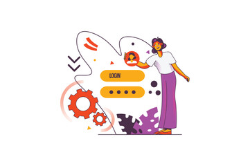 Login concept with people scene in the flat cartoon design. The girl is trying to restore her account on the network using a login and password. Vector illustration.