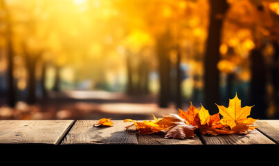 Naklejka na ściany i meble Panoramic Autumn Background: Maple Leaves on Table