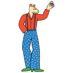 Dog character with wine glass line filled illustration