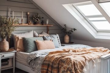 Small cozy bedroom with modern scandinavian design look, beautiful interior