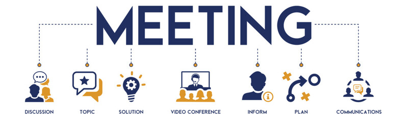 Meeting banner website icons vector illustration concept of business meeting and discussion with an icons of discussion, topics, solution, video conference, inform, plan on white background