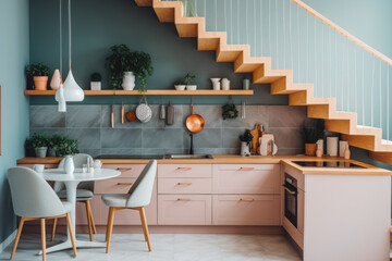 Small cozy kitchen with modern scandinavian looking design, beautiful interior - obrazy, fototapety, plakaty