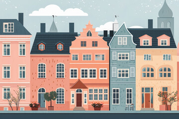 Obraz premium Shot of colorful tall houses in line with on space between them, canal houses in daylight.