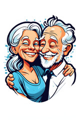A very cute drawing of a senior married couple hugging and smiling.