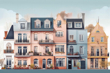 Fototapeta premium Shot of colorful tall houses in line with on space between them, canal houses in daylight.