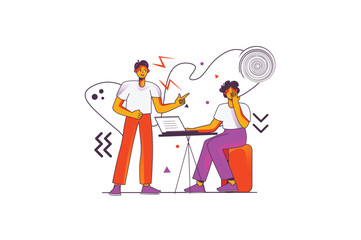 Bulling concept with people scene in the flat cartoon design. An aggressive boss humiliates his employees and demands to work overtime, which is unacceptable. Vector illustration.