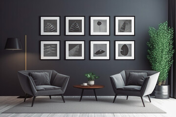 Interior of a room in plain monochrome black and dark grey color, modern interior design