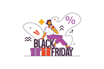 Black friday concept with people scene in the flat cartoon design. A girl looks at a receipt with purchases that she bought with huge discounts in honor of Black Friday. Vector illustration.