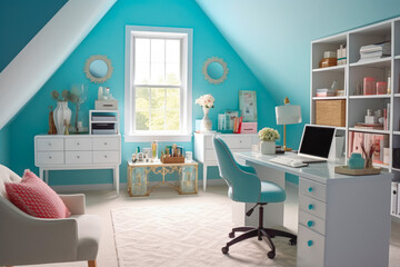 Modern interior design home office in pastel blue color, very organized space, esthetically pleasing modern office