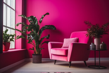 Shot of the room in viva magenta trend color of year 2023, trendy interior design in viva magenta color