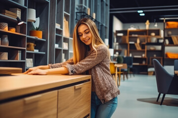 Young beautiful woman examining furniture on sale in a furniture store, looking excited