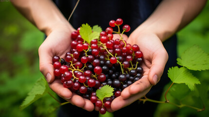 Close-up partial view of a farmer holding organic currants. Generative AI. 