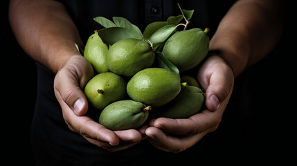 Close-up partial view of a farmer holding organic feijoa fruit. Generative AI. 