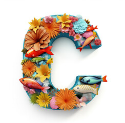 Obraz na płótnie Canvas 3d render letter c surrounded by Tropical Fish Fonts: Each letter is a different species of tropical fish, swimming in formation to form words