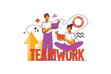 Teamwork concept with people scene in the flat cartoon design. A team of workers joined forces to work together for a common goal. Vector illustration.