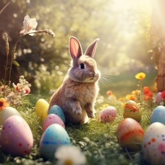 Fototapeta na wymiar Easter - Cute Bunny In Sunny Garden With Decorated Colorful Eggs -
