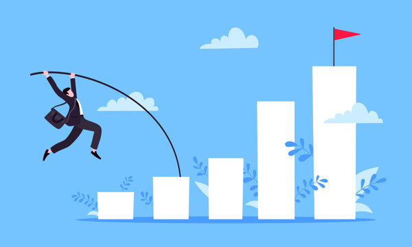 Businessman jumps pole vault over graph bars flat style design vector illustration business concept. Business growth and goal achievement concept.