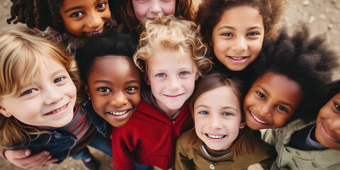 kids looking in to the camera above. Hand edited generative AI.