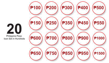 20 Philippine Peso Red Icon Signs in Hundreds and fifties from 100 to 1500 isolated on white background. Vector Illustration. EPS 10.
