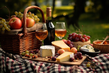 An inviting autumn picnic scene emerges with a bottle of cider, assorted cheeses, and apples arranged on a classic checkered cloth