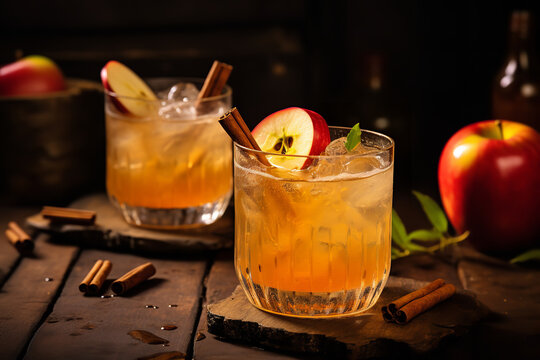 On a polished counter, handcrafted cider cocktails stand, their surfaces kissed with condensation, garnished with fresh apple slices and a hint of cinnamon