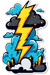 A cartoon logo of a lighting bolt and clouds in a storm suitable for a t-shirt design.