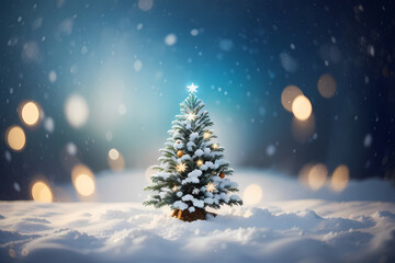 Fototapeta na wymiar Christmas tree winter background with snow and blurred bokeh. Merry christmas greeting card with copy-space doff texture and center empty space. Image created using artificial intelligence.