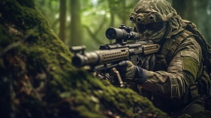 Special forces soldier with sniper rifle in the forest. Selective focus.