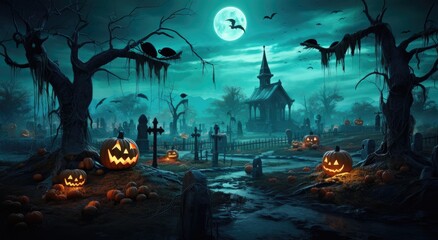 Haunted halloween landscape with scary pumpkins.
