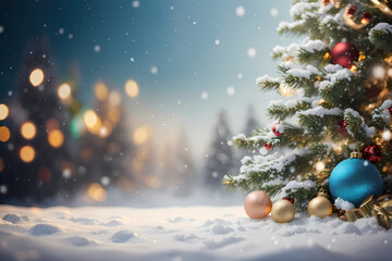 Christmas tree winter background with snow and blurred bokeh. Merry christmas greeting card with copy-space doff texture and center empty space. Image created using artificial intelligence.
