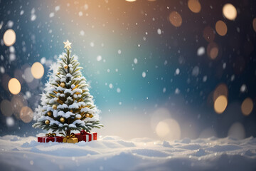 Obraz premium Christmas tree winter background with snow and blurred bokeh. Merry christmas greeting card with copy-space doff texture and center empty space. Image created using artificial intelligence.