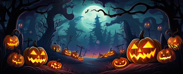 Fototapeta premium Scary halloween pumpkins in a haunted forest. Halloween background.