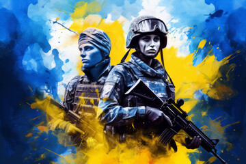 illustration of portrait man and woman of Ukrainian soldiers on yellow and blue background