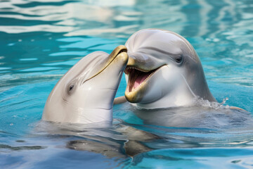 A pair of dolphins in love close up