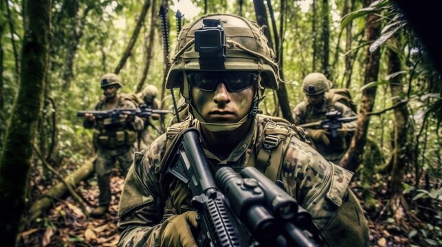 Special forces soldier with assault rifle in the jungle. Selective focus.