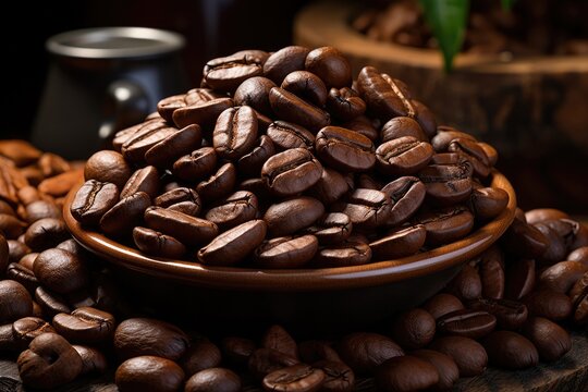 Roasted coffee beans in bowl on wooden table background