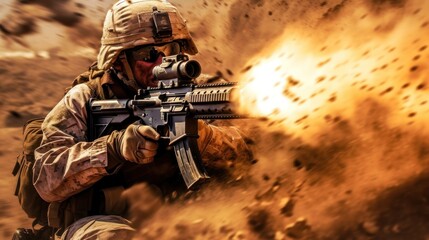 United States Army Special forces soldier in action with assault rifle in desert - obrazy, fototapety, plakaty