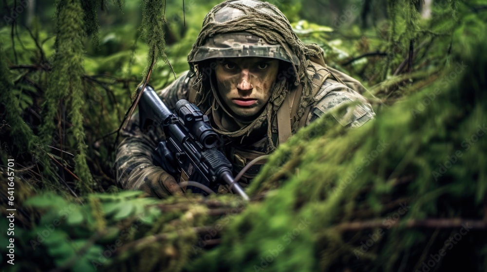 Sticker portrait of a soldier in camouflage with a machine gun in the forest