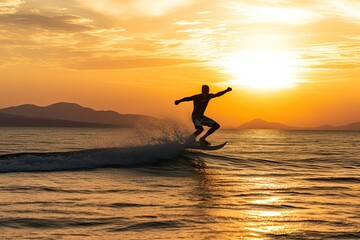 Silhouette of a man on a wakeboard taking off over. Generative AI.