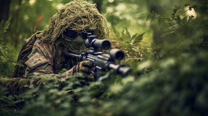 United State Special forces soldier with sniper rifle in the forest. Selective focus. Selective focus.