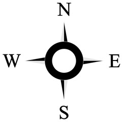Kompass Rose Vektor mit vier Richtungen in schwarz und grau.
Symbol für Marine-, Seefahrt - oder Trekking-Navigation oder zur Verwendung in eine Landkarte.
Isolierter Hintergrund.